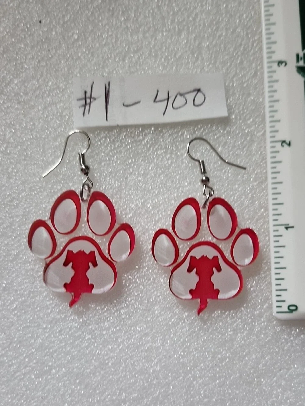 Hand Crafted Red Paw & Dog Silhouette Acrylic Dangle Earrings - Picture 3 of 3